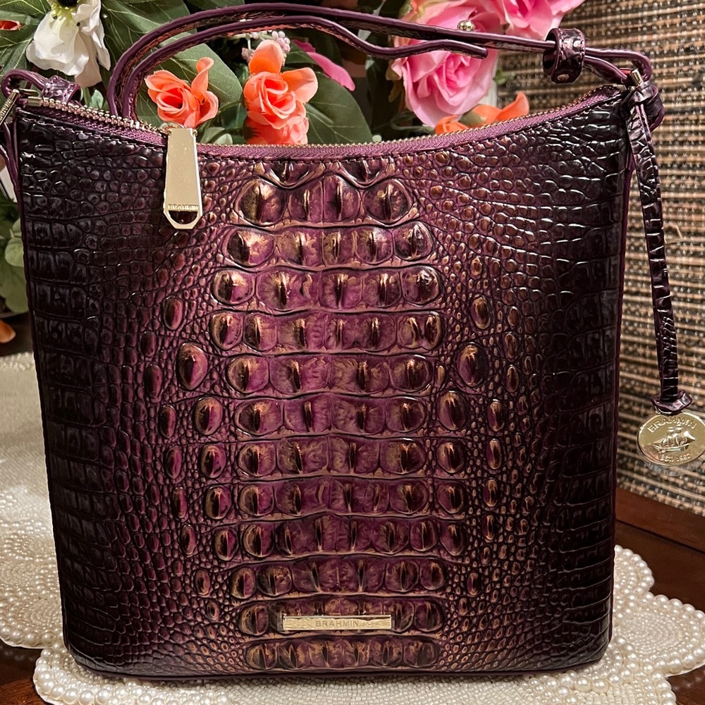 Brahmin Deep Plum Croc-Embossed Shoulder Bag with Gold Hardware